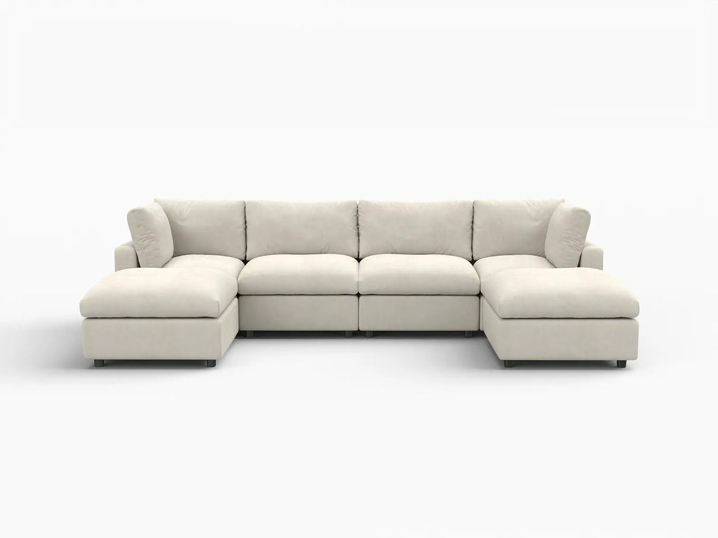 Deluxe Cloud 4-Seater Beige Large Space U-Shaped Sectional | 6-Piece (Includes 2 Ottomans), Linen-Blend Chenille Fabric, Easy To Clean