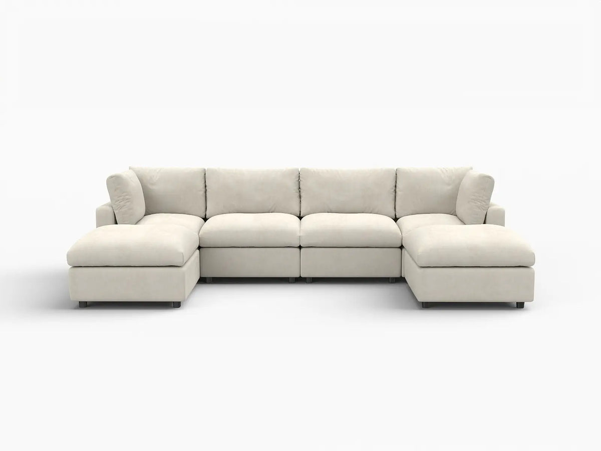 Deluxe Cloud 4-Seater Beige Large Space U-Shaped Sectional | 6-Piece (Includes 2 Ottomans), Linen-Blend Chenille Fabric, Easy To Clean