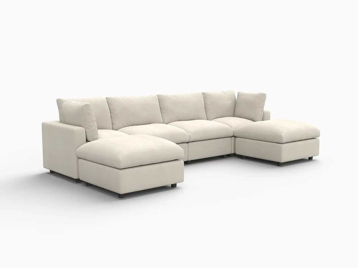 Deluxe Cloud 4-Seater Beige Large Space U-Shaped Sectional | 6-Piece (Includes 2 Ottomans), Linen-Blend Chenille Fabric, Easy To Clean