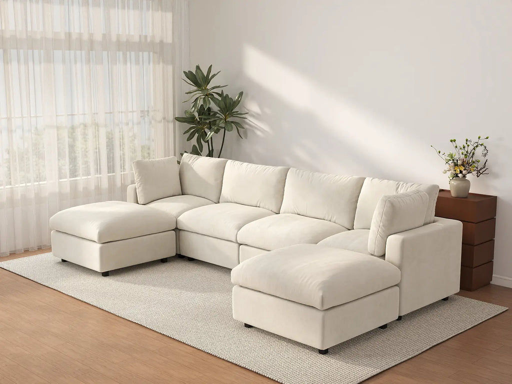 Deluxe Cloud 4-Seater Beige Large Space U-Shaped Sectional | 6-Piece (Includes 2 Ottomans), Linen-Blend Chenille Fabric, Easy To Clean