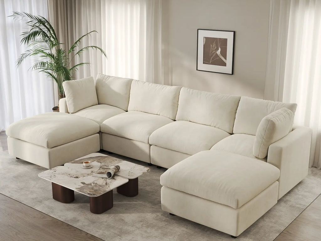Deluxe Cloud 4-Seater Beige Large Space U-Shaped Sectional | 6-Piece (Includes 2 Ottomans), Linen-Blend Chenille Fabric, Easy To Clean