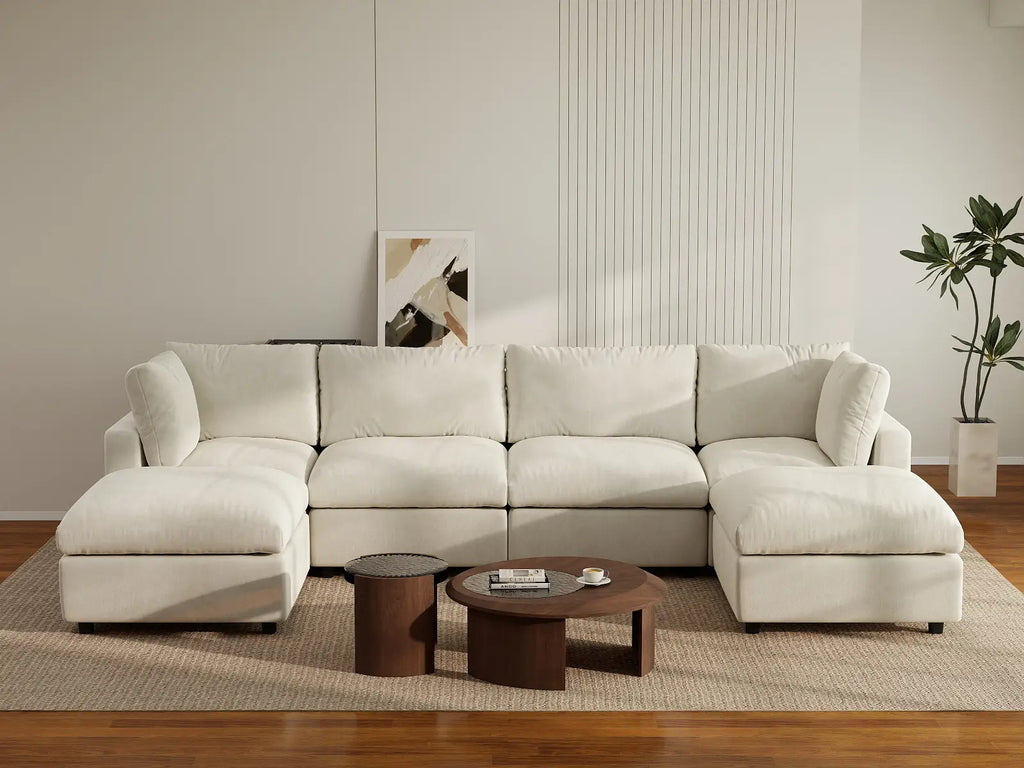 Deluxe Cloud 4-Seater Beige Large Space U-Shaped Sectional | 6-Piece (Includes 2 Ottomans), Linen-Blend Chenille Fabric, Easy To Clean