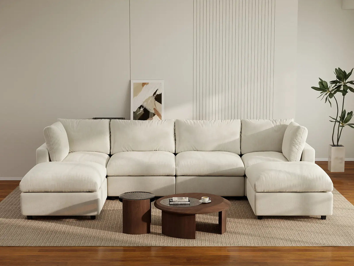 Deluxe Cloud 4-Seater Beige Large Space U-Shaped Sectional | 6-Piece (Includes 2 Ottomans), Linen-Blend Chenille Fabric, Easy To Clean