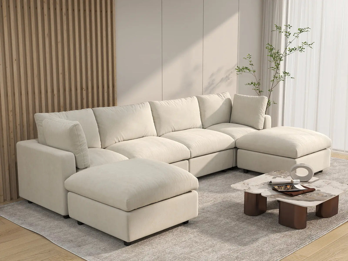Deluxe Cloud 4-Seater Beige Large Space U-Shaped Sectional | 6-Piece (Includes 2 Ottomans), Linen-Blend Chenille Fabric, Easy To Clean