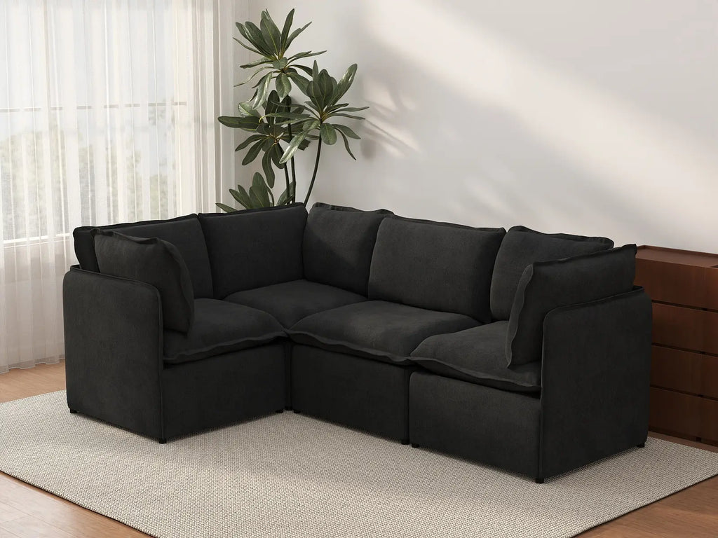 Deluxe Cloud 4-Seater Black L-Shaped Sectional | 4-Piece, Linen Look Poly Fabric, Washable Cushion Covers