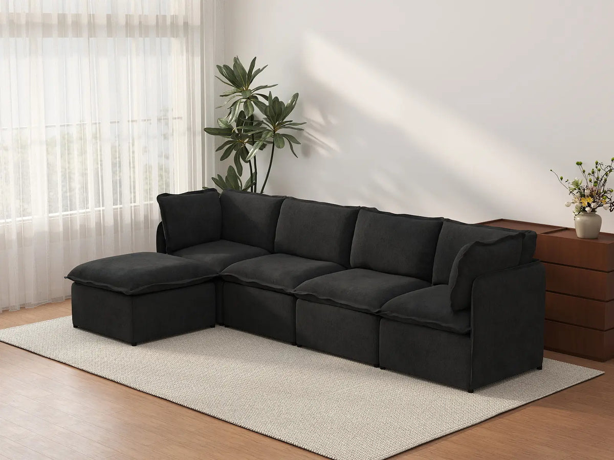 Deluxe Cloud 4-Seater Black L-Shaped Sectional | 5-Piece (Includes 1 Ottoman), Linen Look Poly Fabric, Washable Cushion Covers