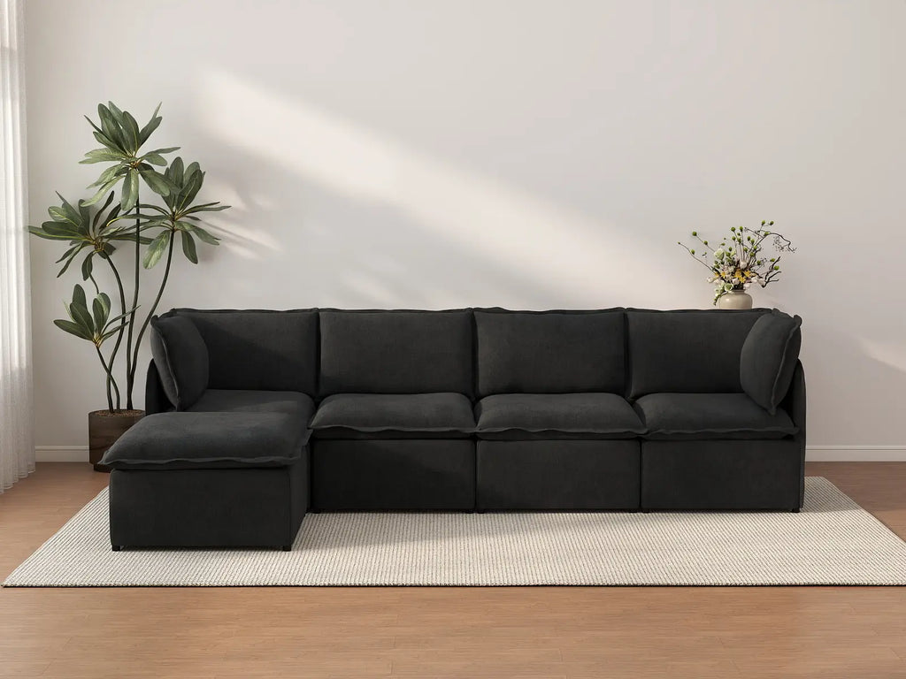 Deluxe Cloud 4-Seater Black L-Shaped Sectional | 5-Piece (Includes 1 Ottoman), Linen Look Poly Fabric, Washable Cushion Covers