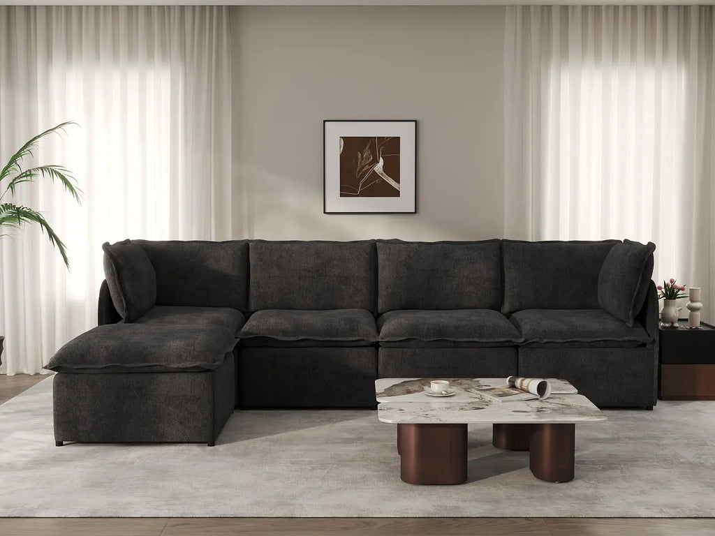 Deluxe Cloud 4-Seater Black L-Shaped Sectional | 5-Piece (Includes 1 Ottoman), Linen Look Poly Fabric, Washable Cushion Covers
