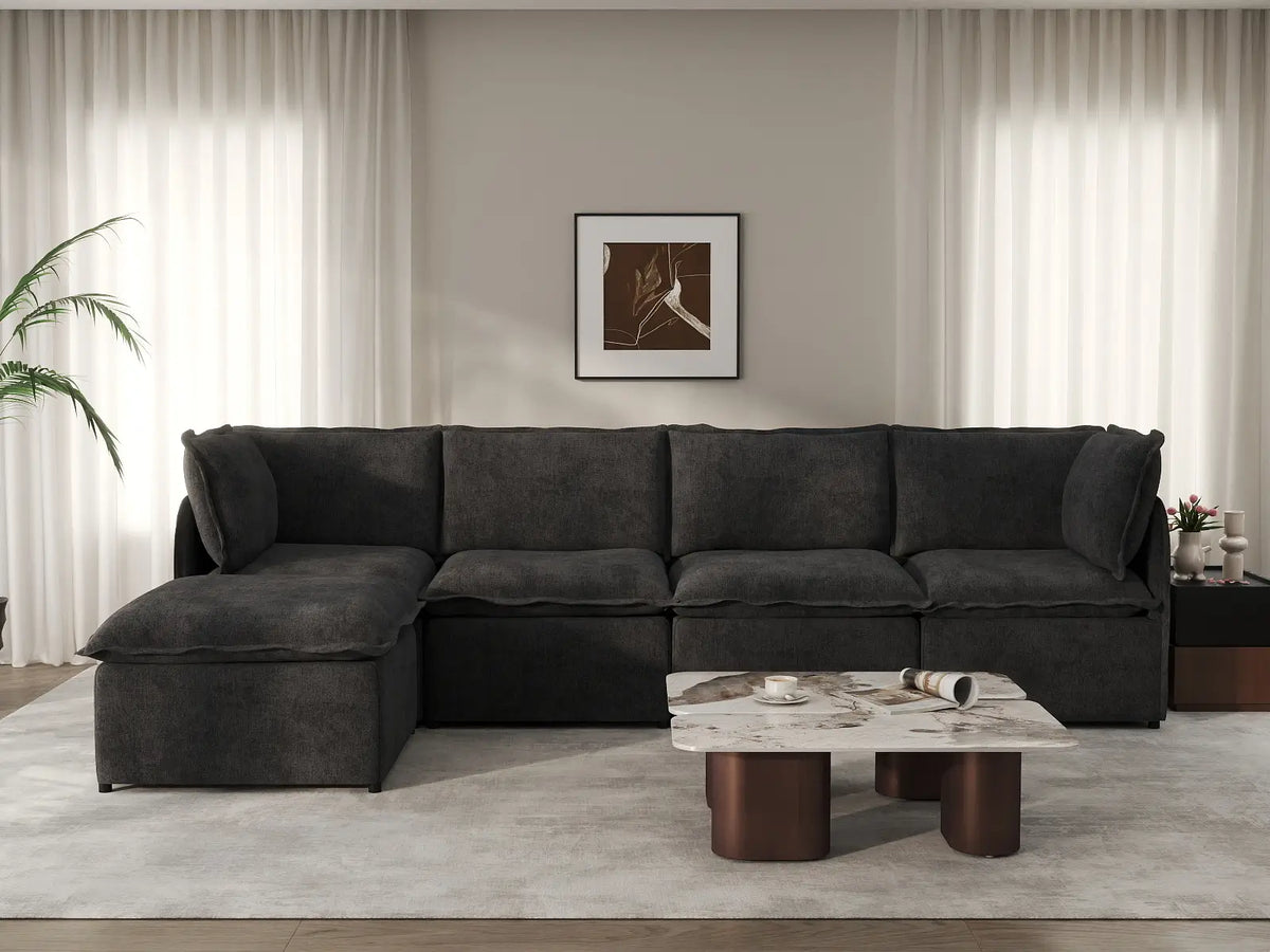 Deluxe Cloud 4-Seater Black L-Shaped Sectional | 5-Piece (Includes 1 Ottoman), Linen Look Poly Fabric, Washable Cushion Covers
