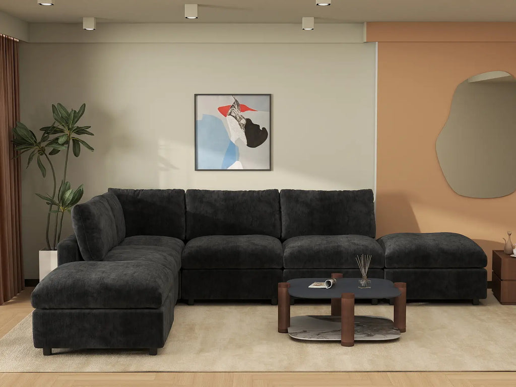 Deluxe Cloud 4-Seater Black L-Shaped Sectional | 6-Piece (Includes 2 Ottomans), Linen-Blend Chenille Fabric, Washable Cushion Covers