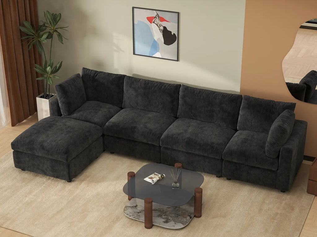 Deluxe Cloud 4-Seater Black L-Shaped Sectional | 5-Piece (Includes 1 Ottoman), Linen-Blend Chenille Fabric, Washable Cushion Covers