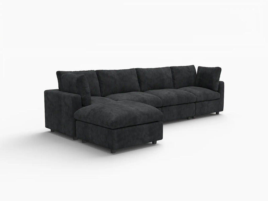 Deluxe Cloud 4-Seater Black L-Shaped Sectional | 5-Piece (Includes 1 Ottoman), Linen-Blend Chenille Fabric, Washable Cushion Covers