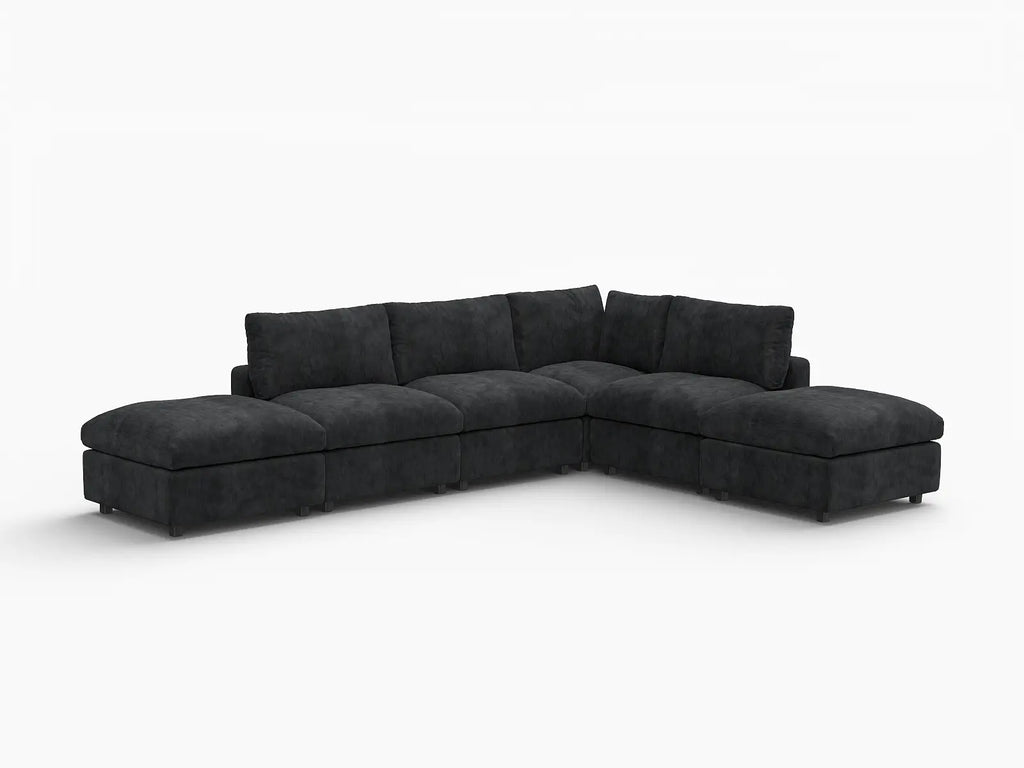 Deluxe Cloud 4-Seater Black L-Shaped Sectional | 6-Piece (Includes 2 Ottomans), Linen-Blend Chenille Fabric, Washable Cushion Covers