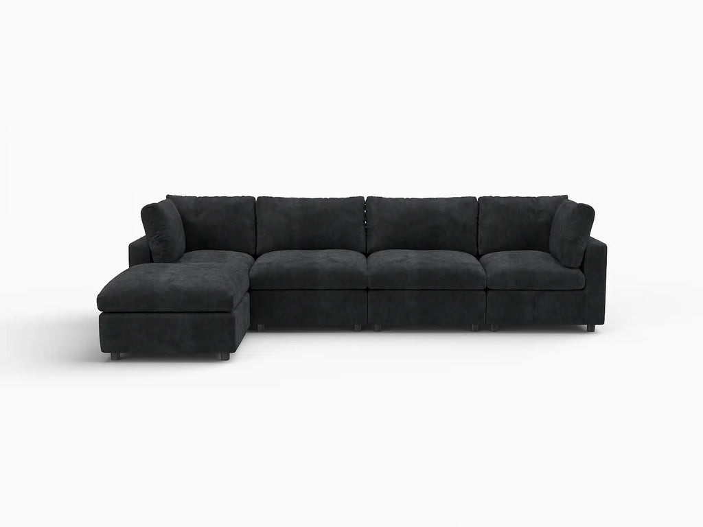 Deluxe Cloud 4-Seater Black L-Shaped Sectional | 5-Piece (Includes 1 Ottoman), Linen-Blend Chenille Fabric, Washable Cushion Covers