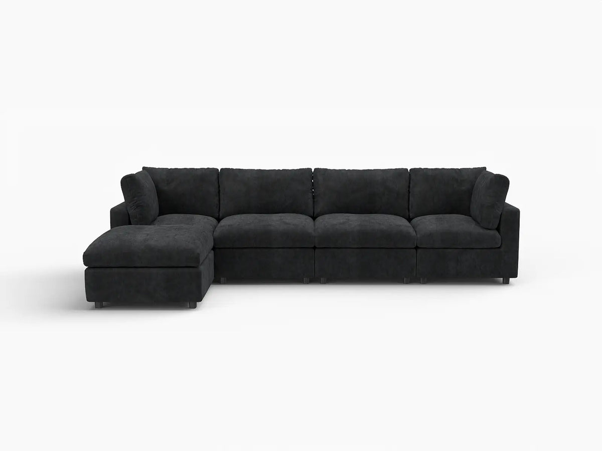 Deluxe Cloud 4-Seater Black L-Shaped Sectional | 5-Piece (Includes 1 Ottoman), Linen-Blend Chenille Fabric, Washable Cushion Covers