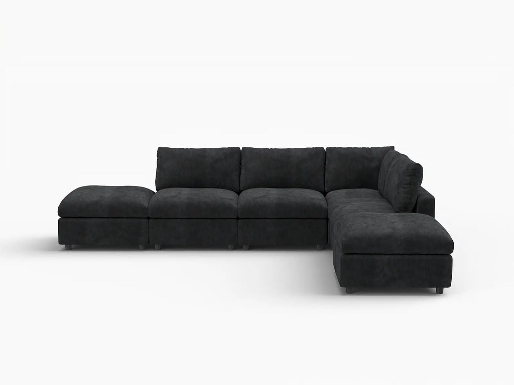 Deluxe Cloud 4-Seater Black L-Shaped Sectional | 6-Piece (Includes 2 Ottomans), Linen-Blend Chenille Fabric, Washable Cushion Covers