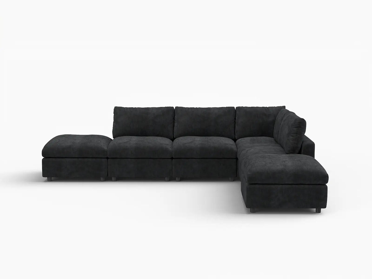 Deluxe Cloud 4-Seater Black L-Shaped Sectional | 6-Piece (Includes 2 Ottomans), Linen-Blend Chenille Fabric, Washable Cushion Covers