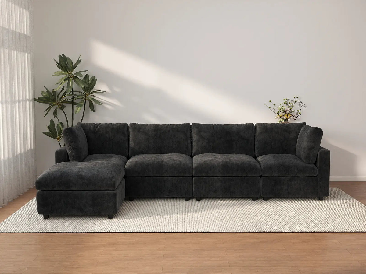 Deluxe Cloud 4-Seater Black L-Shaped Sectional | 5-Piece (Includes 1 Ottoman), Linen-Blend Chenille Fabric, Washable Cushion Covers