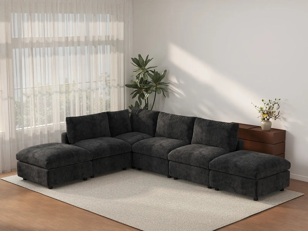 Deluxe Cloud 4-Seater Black L-Shaped Sectional | 6-Piece (Includes 2 Ottomans), Linen-Blend Chenille Fabric, Washable Cushion Covers