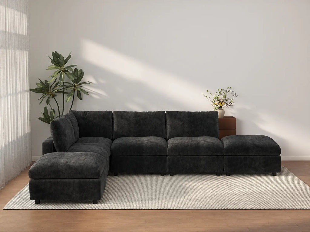 Deluxe Cloud 4-Seater Black L-Shaped Sectional | 6-Piece (Includes 2 Ottomans), Linen-Blend Chenille Fabric, Washable Cushion Covers