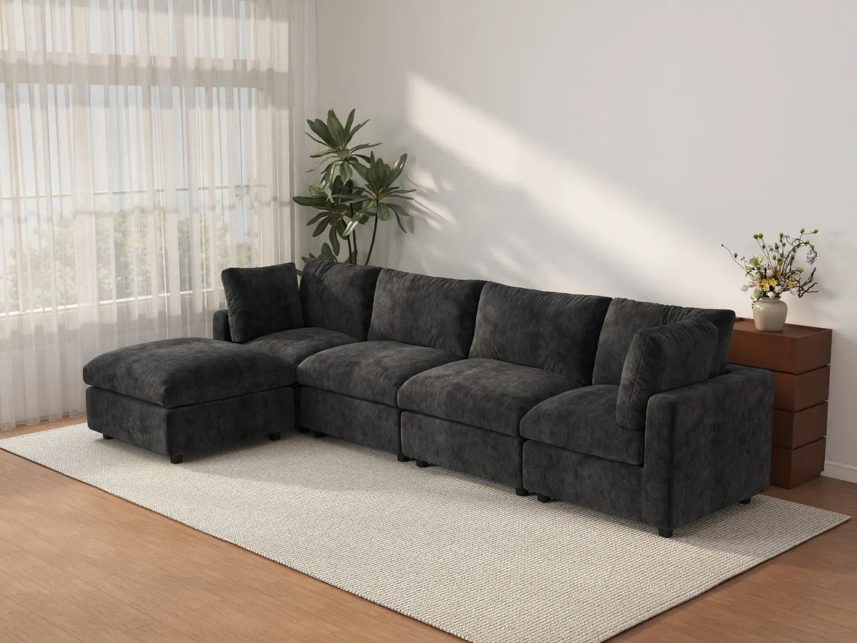 Deluxe Cloud 4-Seater Black L-Shaped Sectional | 5-Piece (Includes 1 Ottoman), Linen-Blend Chenille Fabric, Washable Cushion Covers