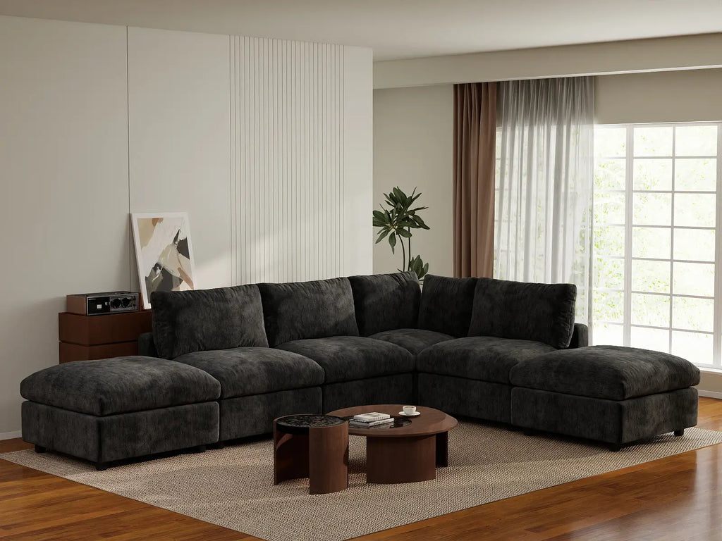 Deluxe Cloud 4-Seater Black L-Shaped Sectional | 6-Piece (Includes 2 Ottomans), Linen-Blend Chenille Fabric, Washable Cushion Covers