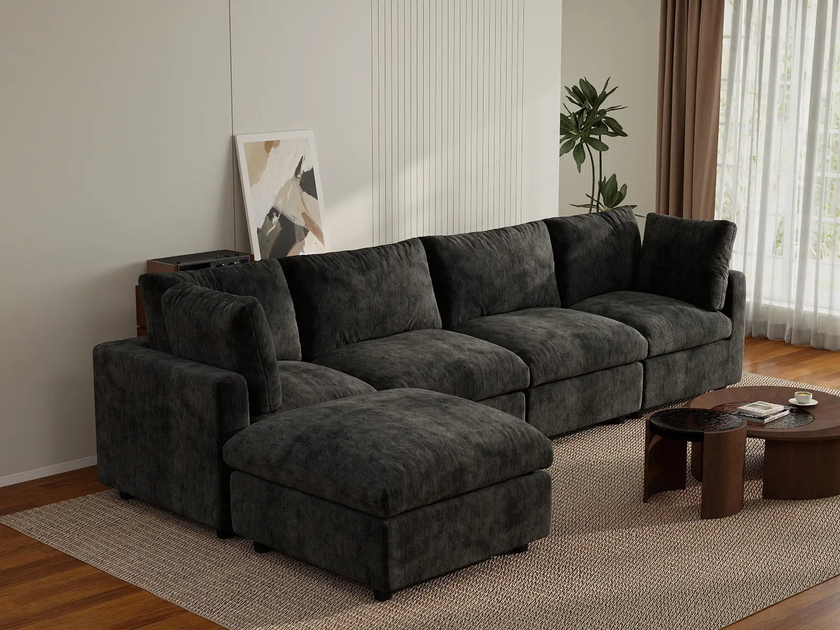 Deluxe Cloud 4-Seater Black L-Shaped Sectional | 5-Piece (Includes 1 Ottoman), Linen-Blend Chenille Fabric, Washable Cushion Covers
