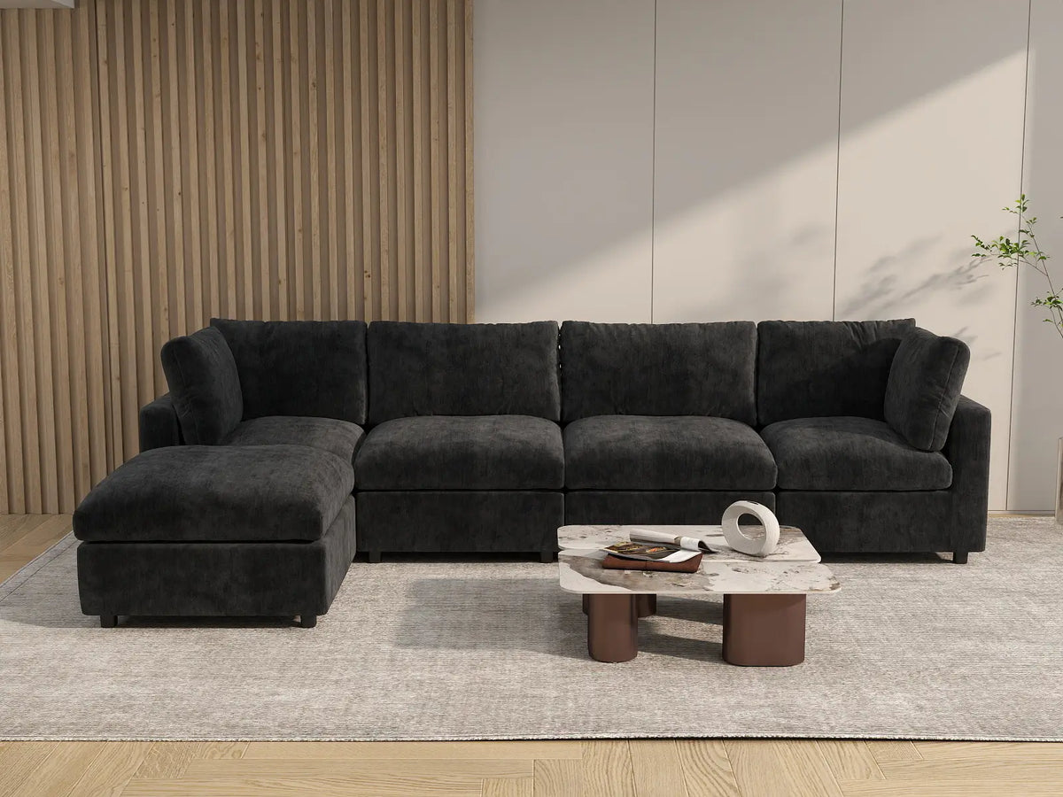 Deluxe Cloud 4-Seater Black L-Shaped Sectional | 5-Piece (Includes 1 Ottoman), Linen-Blend Chenille Fabric, Washable Cushion Covers
