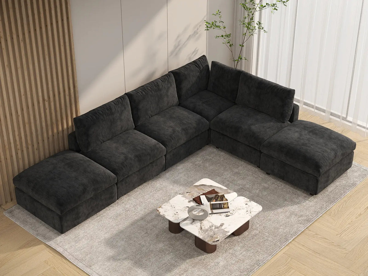 Deluxe Cloud 4-Seater Black L-Shaped Sectional | 6-Piece (Includes 2 Ottomans), Linen-Blend Chenille Fabric, Washable Cushion Covers