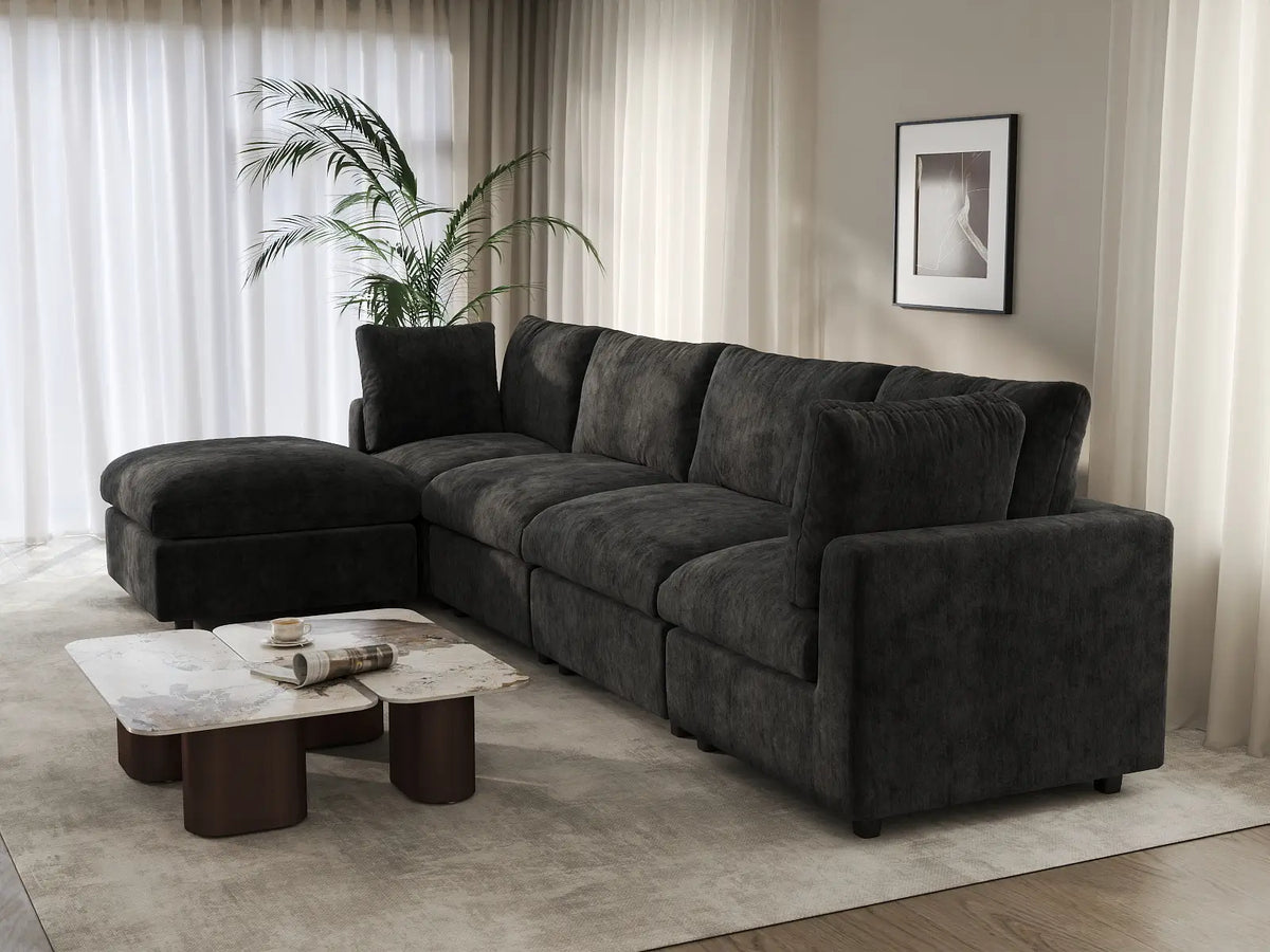 Deluxe Cloud 4-Seater Black L-Shaped Sectional | 5-Piece (Includes 1 Ottoman), Linen-Blend Chenille Fabric, Washable Cushion Covers