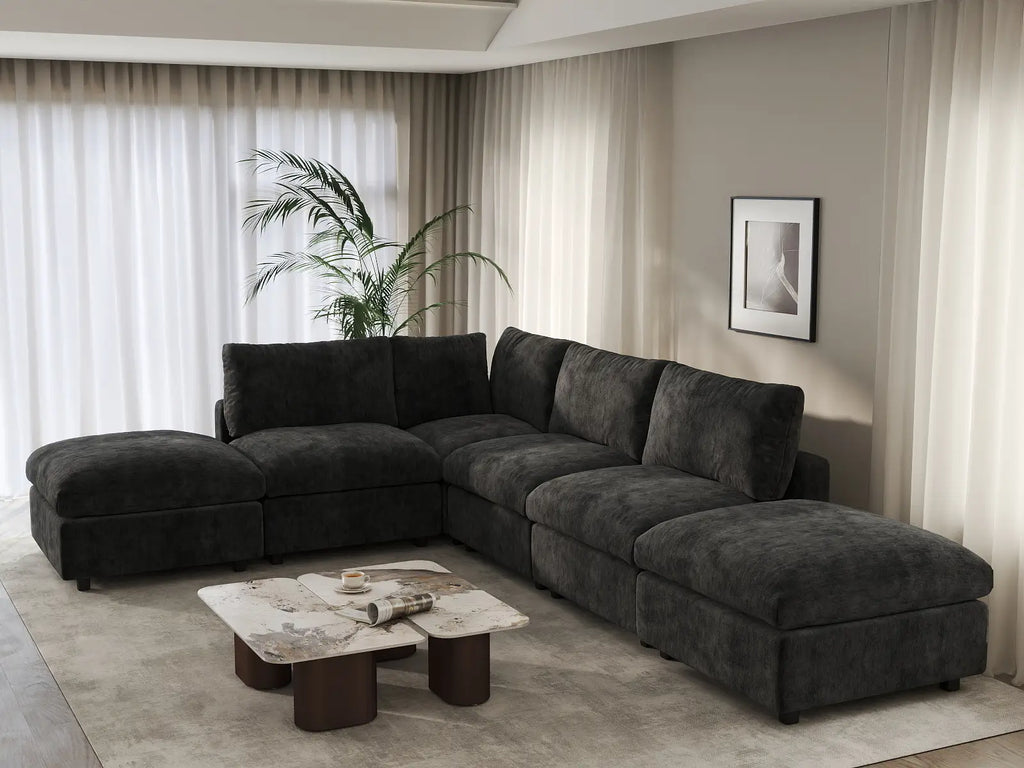 Deluxe Cloud 4-Seater Black L-Shaped Sectional | 6-Piece (Includes 2 Ottomans), Linen-Blend Chenille Fabric, Washable Cushion Covers