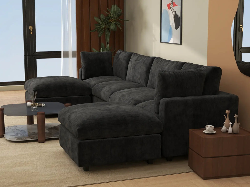 Deluxe Cloud 4-Seater Black U-Shaped Sectional | 6-Piece (Includes 2 Ottomans), Linen-Blend Chenille Fabric, Washable Cushion Covers
