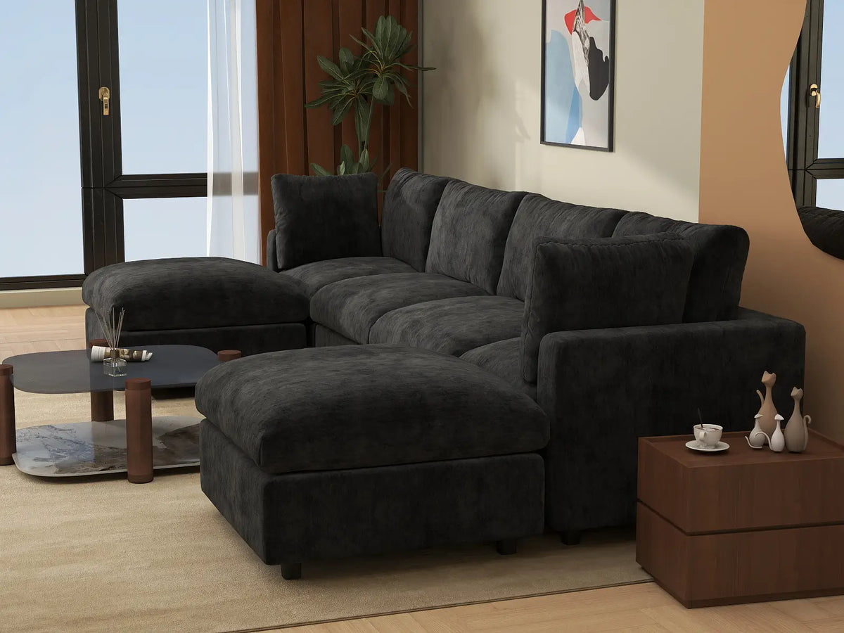 Deluxe Cloud 4-Seater Black U-Shaped Sectional | 6-Piece (Includes 2 Ottomans), Linen-Blend Chenille Fabric, Washable Cushion Covers