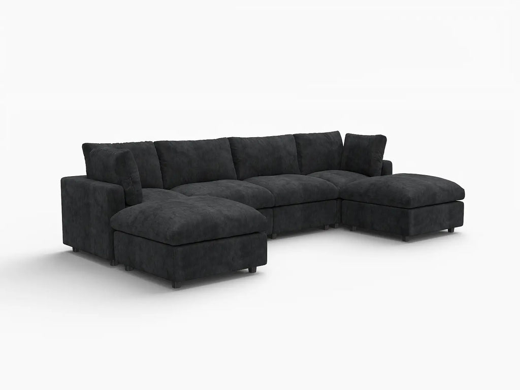 Deluxe Cloud 4-Seater Black U-Shaped Sectional | 6-Piece (Includes 2 Ottomans), Linen-Blend Chenille Fabric, Washable Cushion Covers