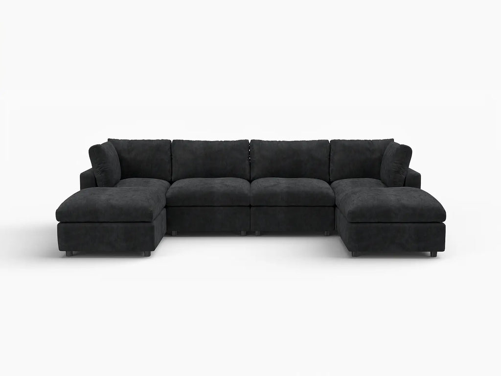 Deluxe Cloud 4-Seater Black U-Shaped Sectional | 6-Piece (Includes 2 Ottomans), Linen-Blend Chenille Fabric, Washable Cushion Covers