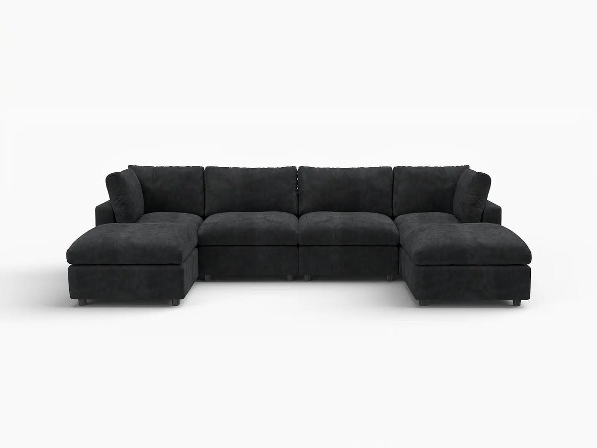 Deluxe Cloud 4-Seater Black U-Shaped Sectional | 6-Piece (Includes 2 Ottomans), Linen-Blend Chenille Fabric, Washable Cushion Covers