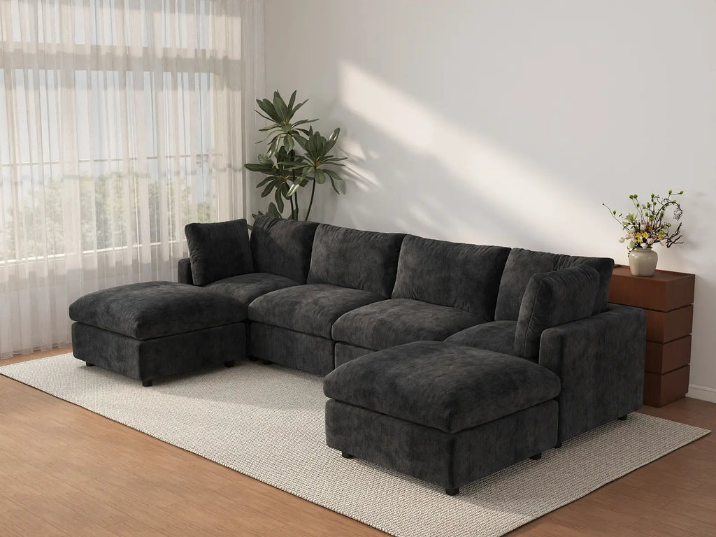 Deluxe Cloud 4-Seater Black U-Shaped Sectional | 6-Piece (Includes 2 Ottomans), Linen-Blend Chenille Fabric, Washable Cushion Covers