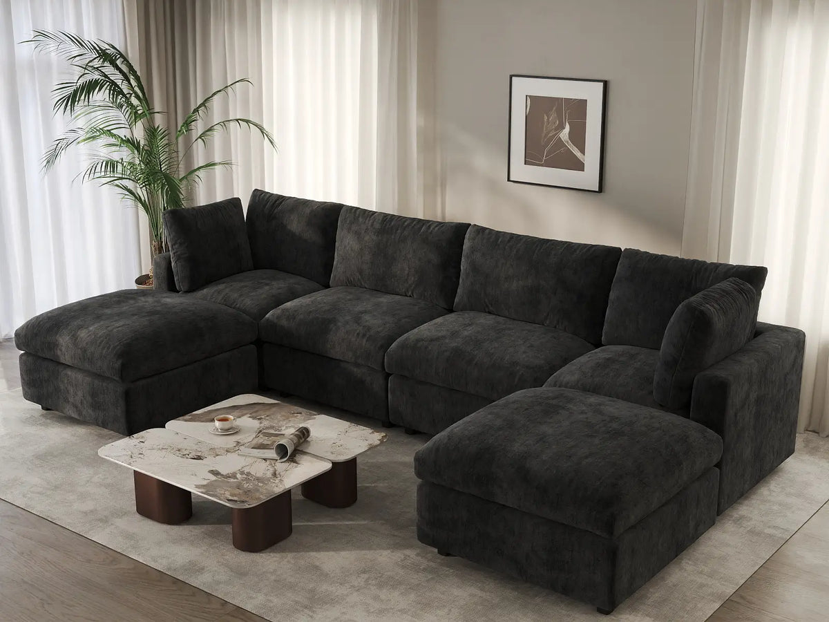 Deluxe Cloud 4-Seater Black U-Shaped Sectional | 6-Piece (Includes 2 Ottomans), Linen-Blend Chenille Fabric, Washable Cushion Covers