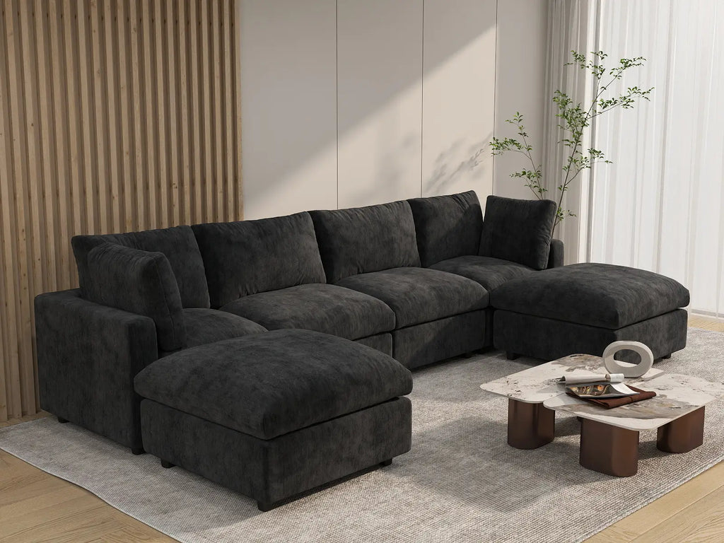 Deluxe Cloud 4-Seater Black U-Shaped Sectional | 6-Piece (Includes 2 Ottomans), Linen-Blend Chenille Fabric, Washable Cushion Covers