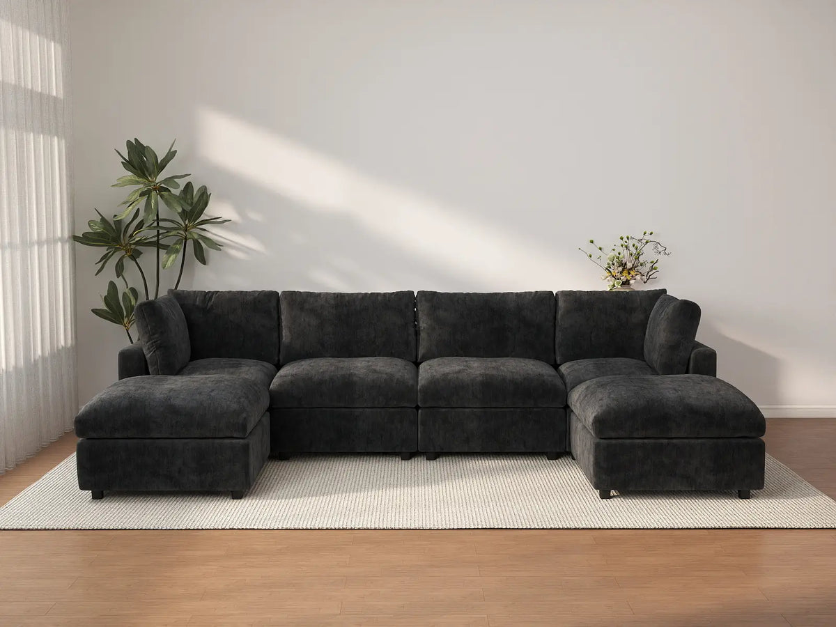 Deluxe Cloud 4-Seater Black U-Shaped Sectional | 6-Piece (Includes 2 Ottomans), Linen-Blend Chenille Fabric, Washable Cushion Covers
