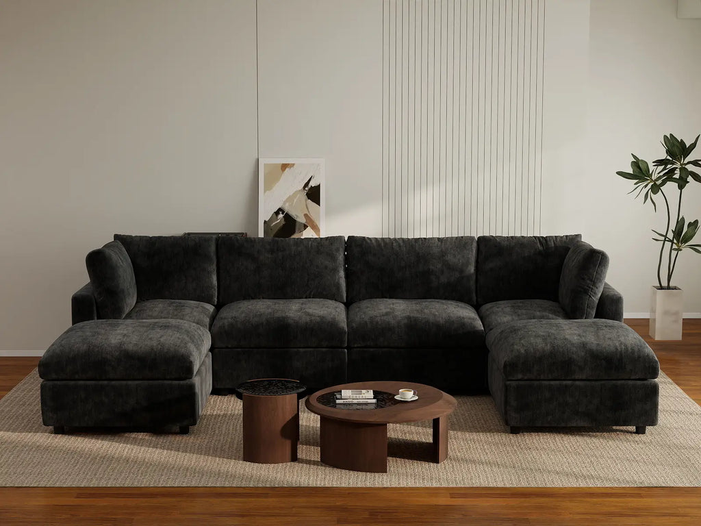 Deluxe Cloud 4-Seater Black U-Shaped Sectional | 6-Piece (Includes 2 Ottomans), Linen-Blend Chenille Fabric, Washable Cushion Covers