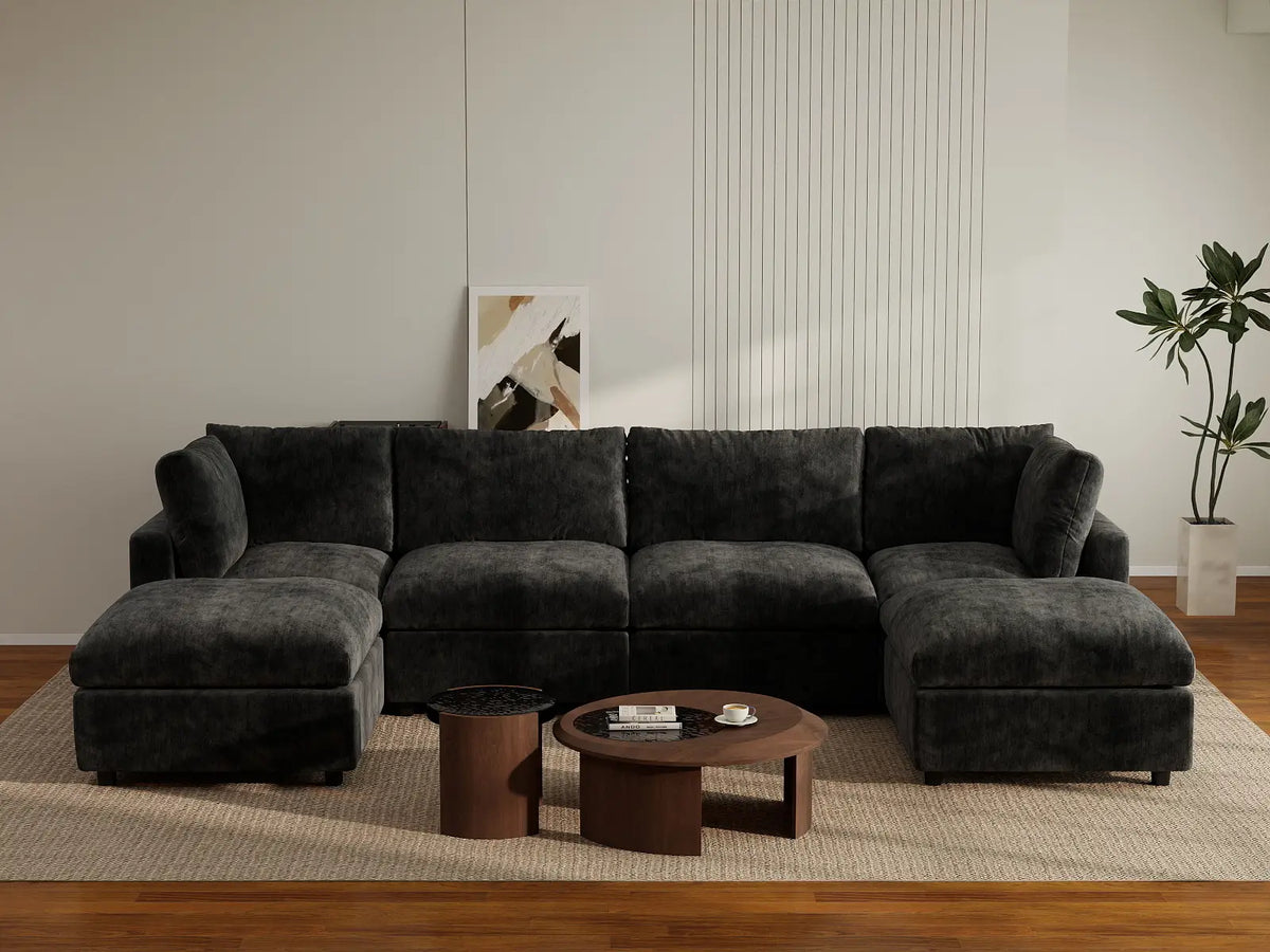 Deluxe Cloud 4-Seater Black U-Shaped Sectional | 6-Piece (Includes 2 Ottomans), Linen-Blend Chenille Fabric, Washable Cushion Covers