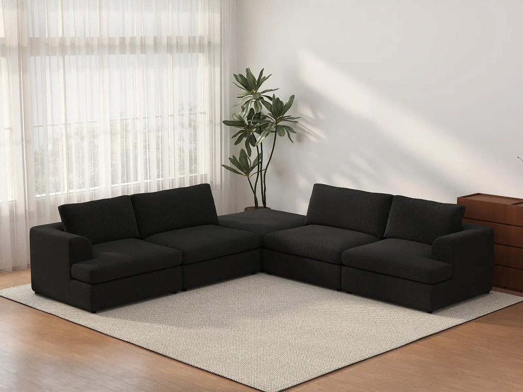 Deluxe Cloud 4-Seater Black V-Shaped Sectional | 5-Piece (Includes 1 Ottoman), Bouclé Sherpa-Like Fabric, Washable Cushion Covers