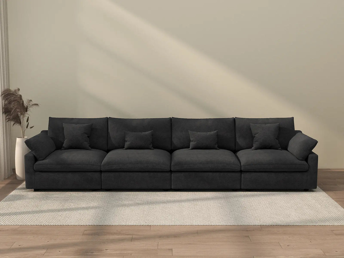 Deluxe Cloud 4-Seater Black Washable Couch Sectional | 4-Piece, Chenille and Linen Fabric, Modular Design