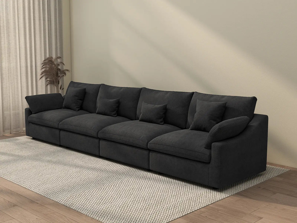 Deluxe Cloud 4-Seater Black Washable Couch Sectional | 4-Piece, Chenille and Linen Fabric, Modular Design