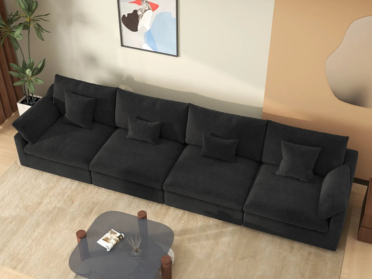 Deluxe Cloud 4-Seater Black Washable Couch Sectional | 4-Piece, Chenille and Linen Fabric, Modular Design