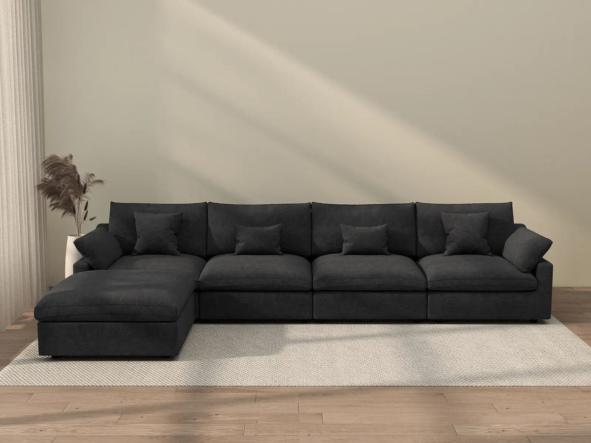 Deluxe Cloud 4-Seater Black Washable L-Shaped Sectional | 5-Piece (includes 1 Ottoman), Chenille and Linen Fabric, Modular Design