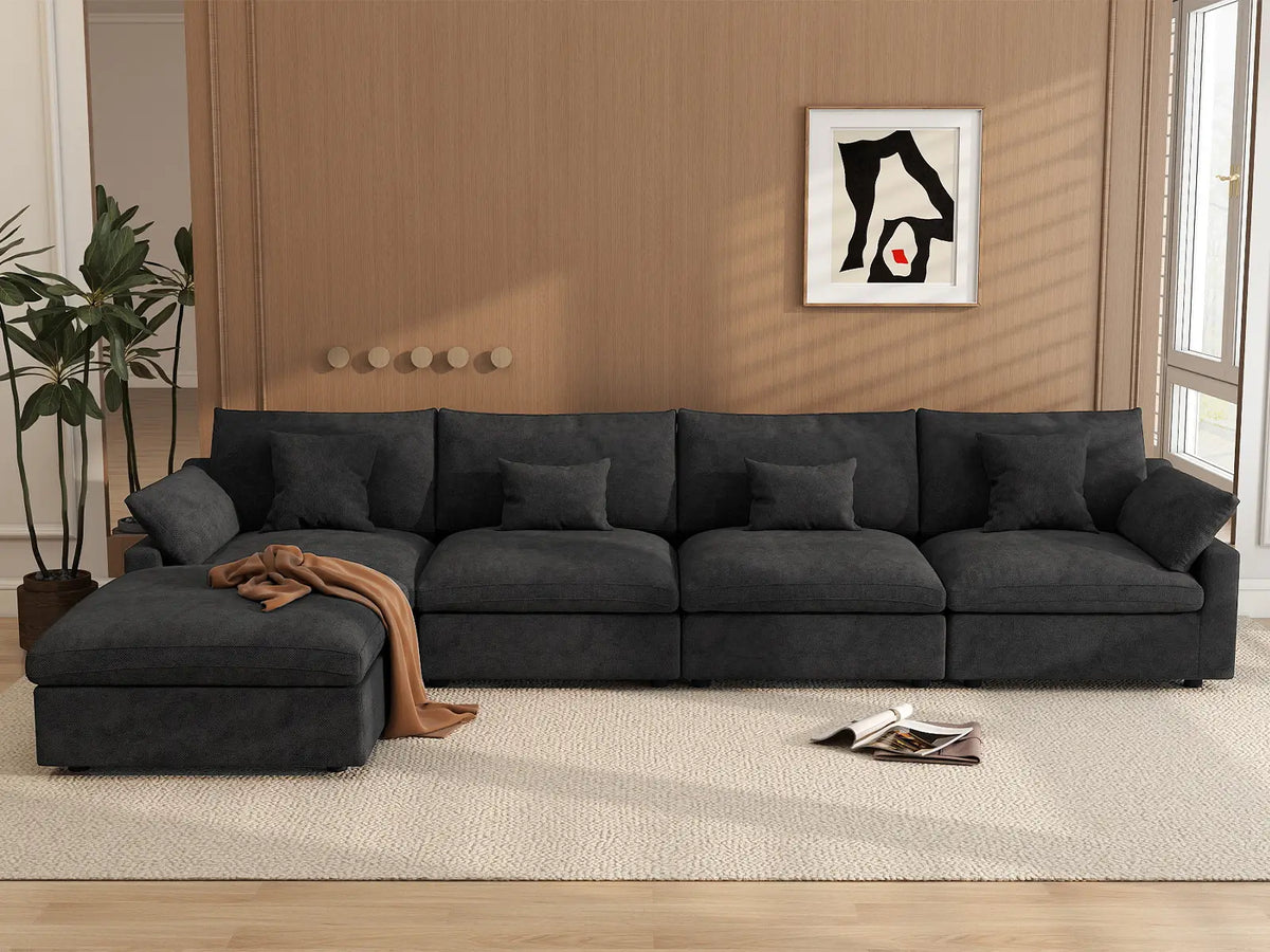 Deluxe Cloud 4-Seater Black Washable L-Shaped Sectional | 5-Piece (includes 1 Ottoman), Chenille and Linen Fabric, Modular Design