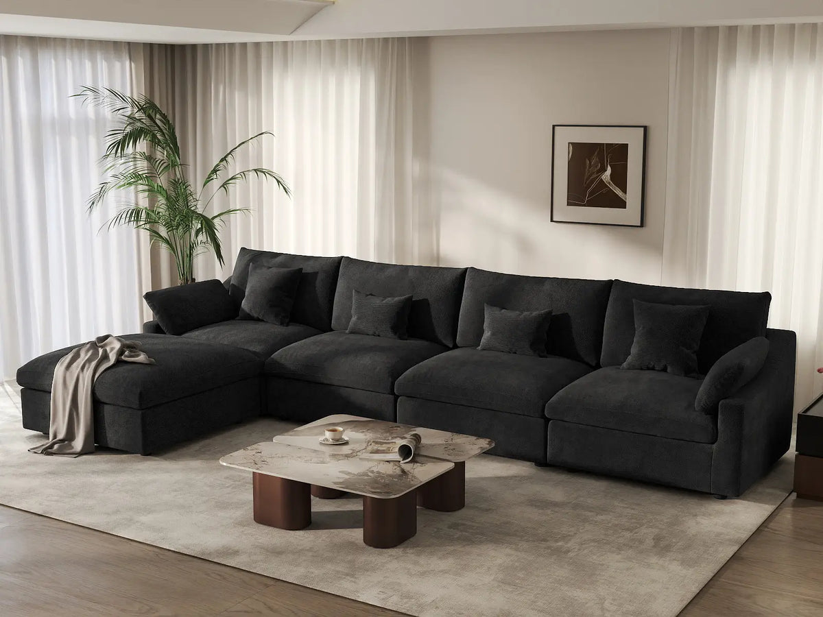 Deluxe Cloud 4-Seater Black Washable L-Shaped Sectional | 5-Piece (includes 1 Ottoman), Chenille and Linen Fabric, Modular Design