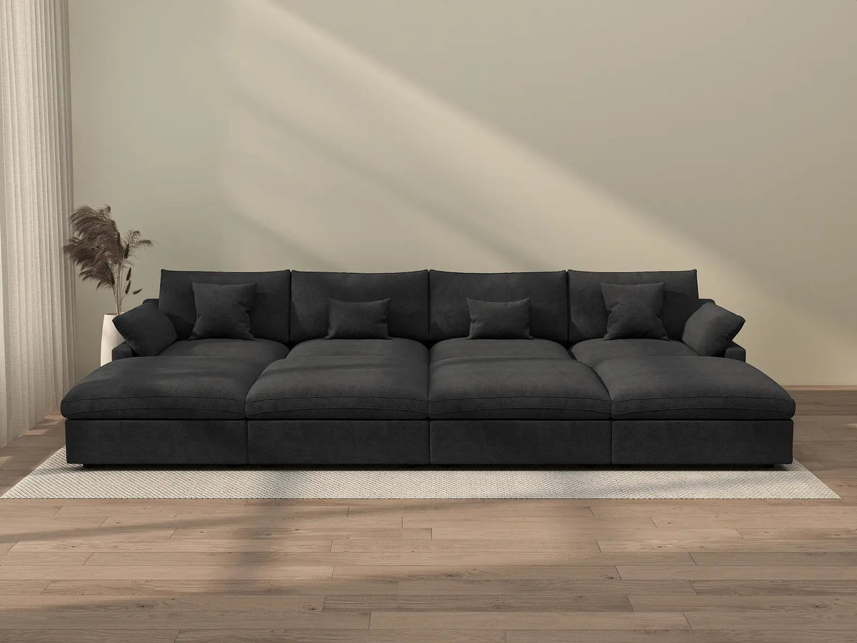 Deluxe Cloud 4-Seater Black Washable Pit Sectional | 8-Piece (includes 4 Ottomans), Chenille and Linen Fabric, Modular Design